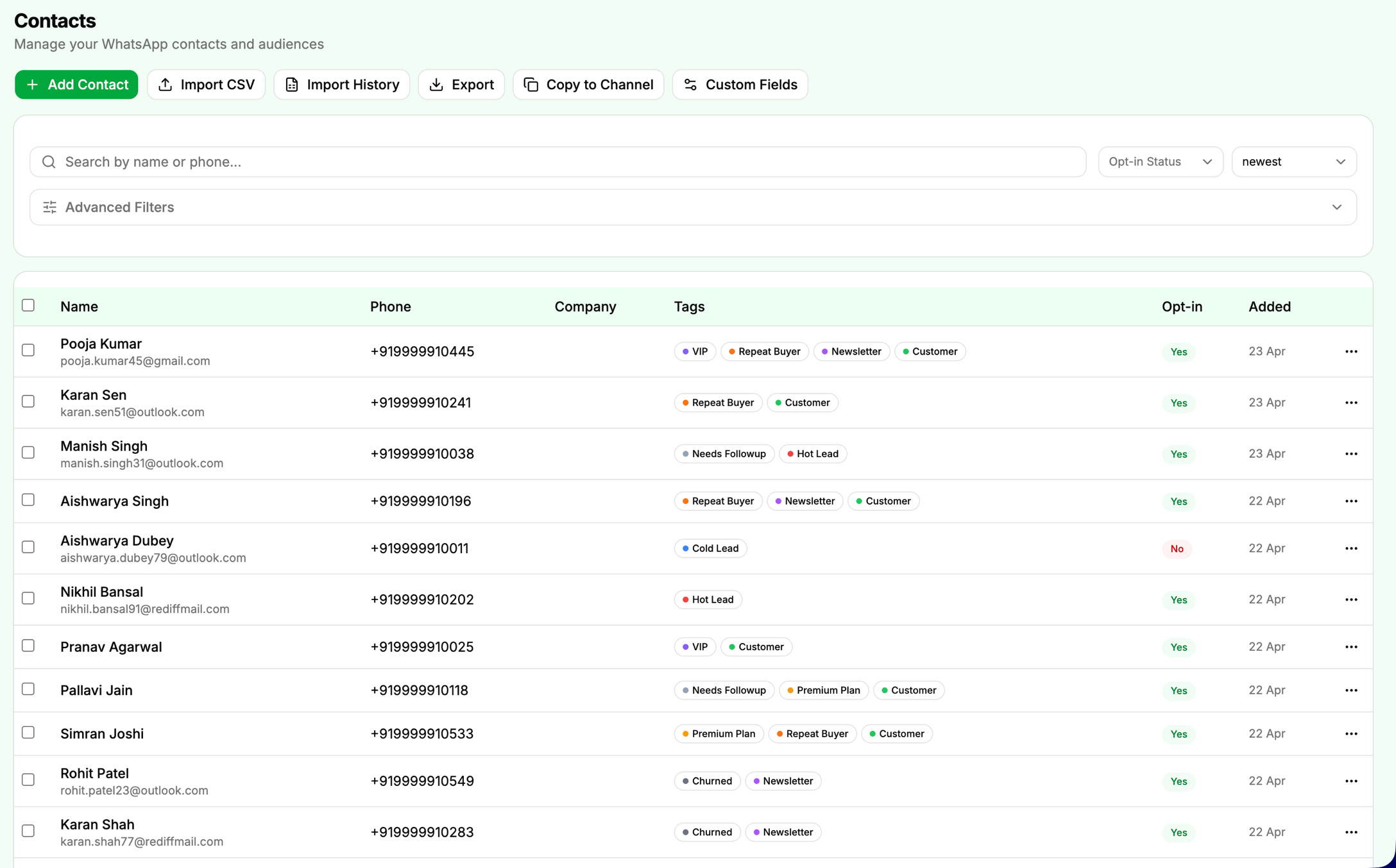 PayPerWA contacts list with tags, notes, and custom fields visible