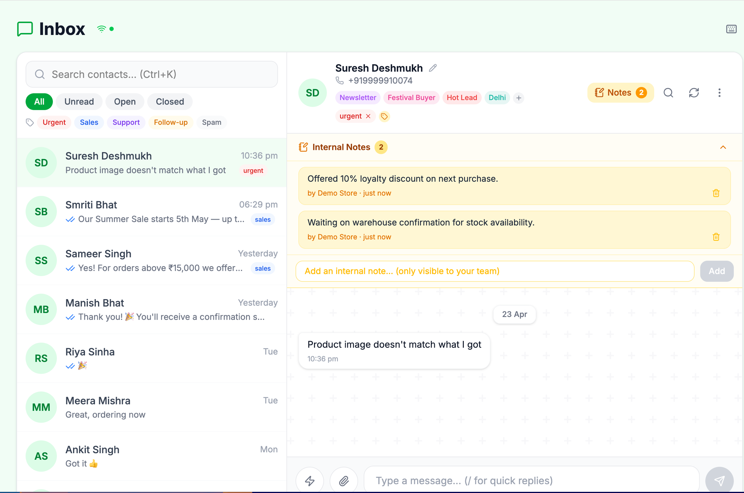 PayPerWA 2-way inbox showing customer conversations with delivery and read ticks