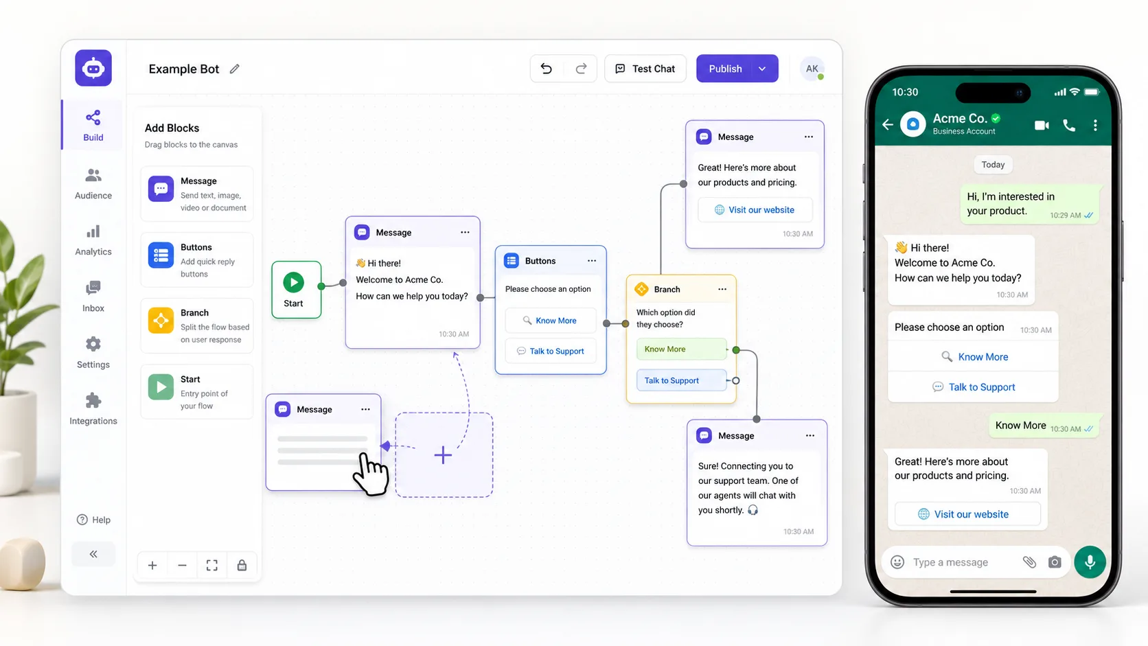 No-code WhatsApp chatbot builder with drag-and-drop flow blocks and reply buttons on a screen
