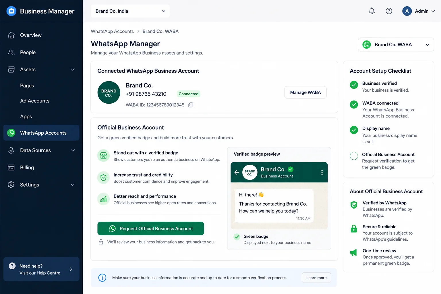 Meta Business Manager and WhatsApp Manager screen where a business requests the Official Business Account green tick badge