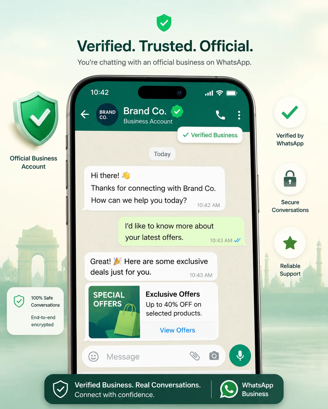 WhatsApp business profile showing the green tick verified badge next to an Indian brand name