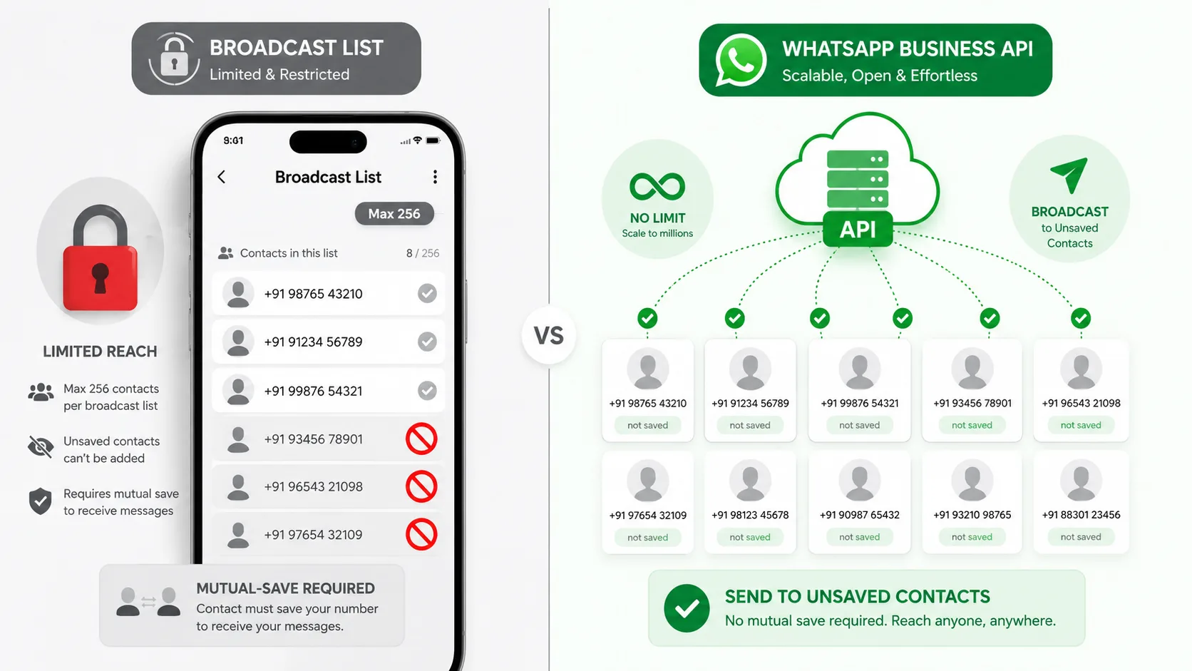 Comparison diagram showing WhatsApp Business App broadcast list requiring saved contacts versus the WhatsApp Business API reaching unsaved numbers