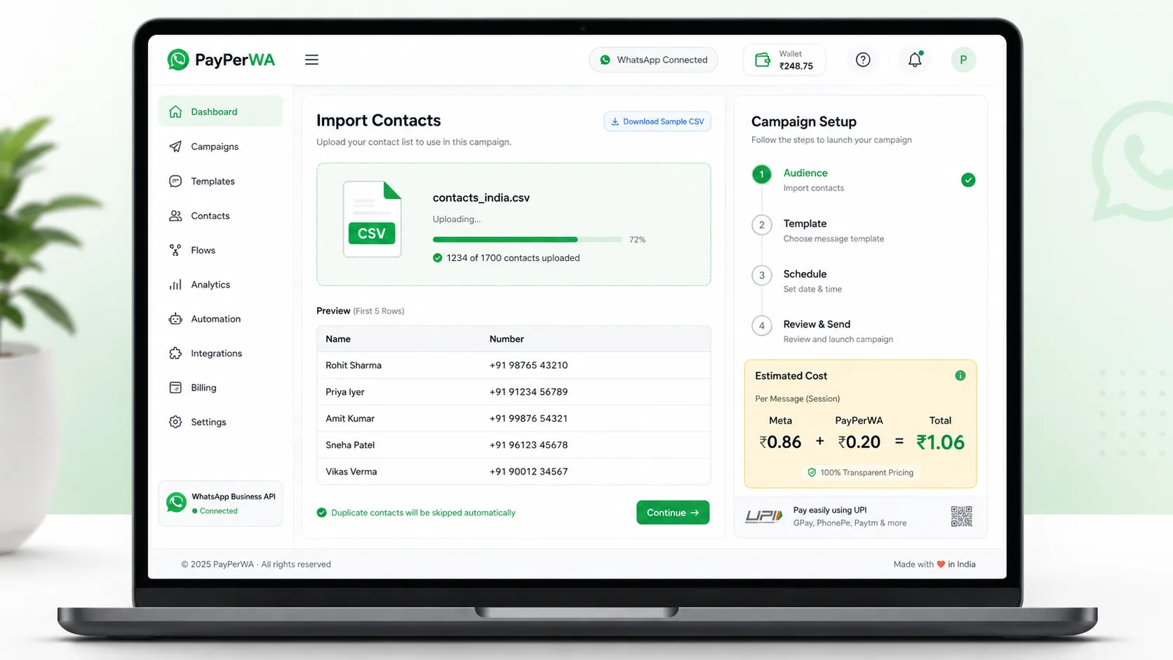 PayPerWA dashboard showing a CSV contact upload and bulk WhatsApp campaign wizard with cost estimate
