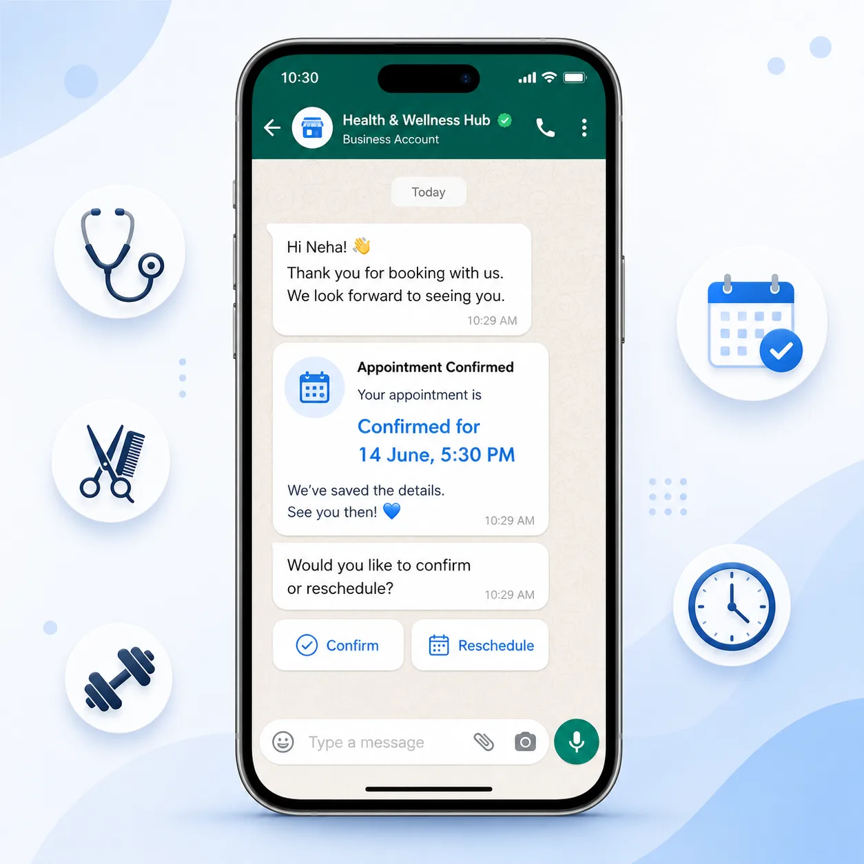 WhatsApp appointment reminder automation sending booking confirmation and reminder messages to a patient before a clinic visit