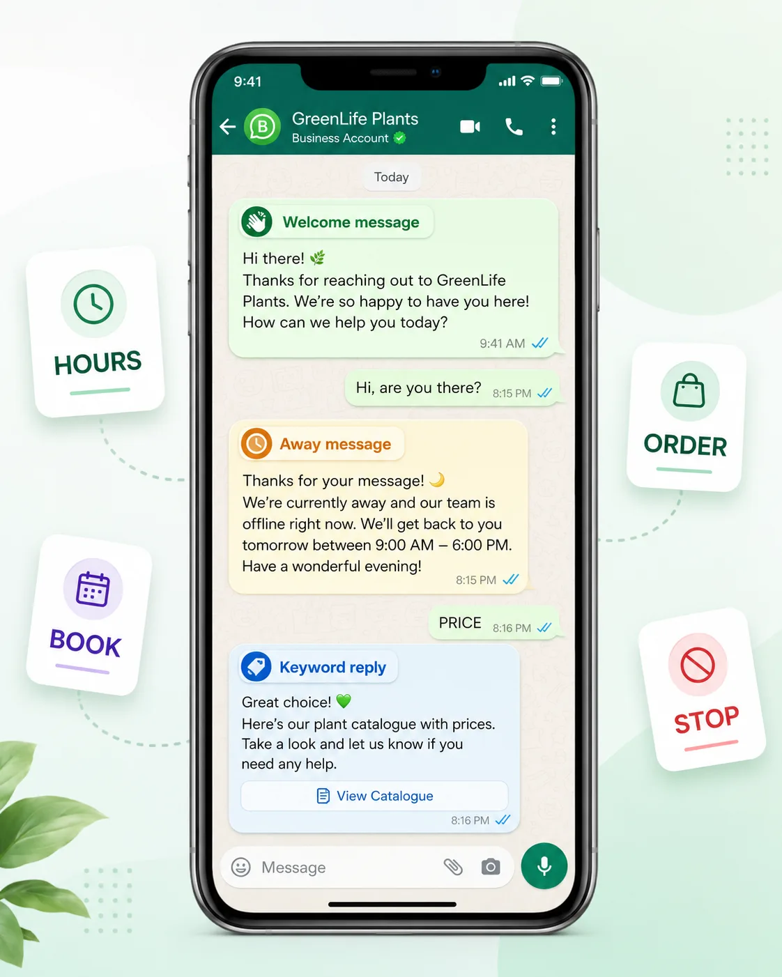 WhatsApp auto-reply dashboard showing a welcome message, an away message, and keyword-triggered automatic replies on a phone screen
