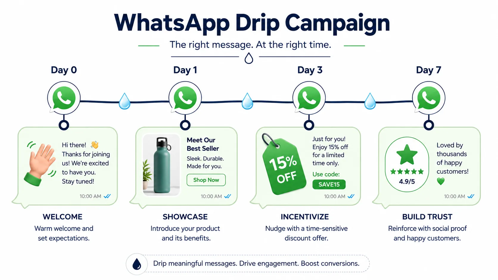 A WhatsApp drip campaign timeline showing automated follow-up messages sent on Day 0, Day 1, Day 3, and Day 7 to a customer