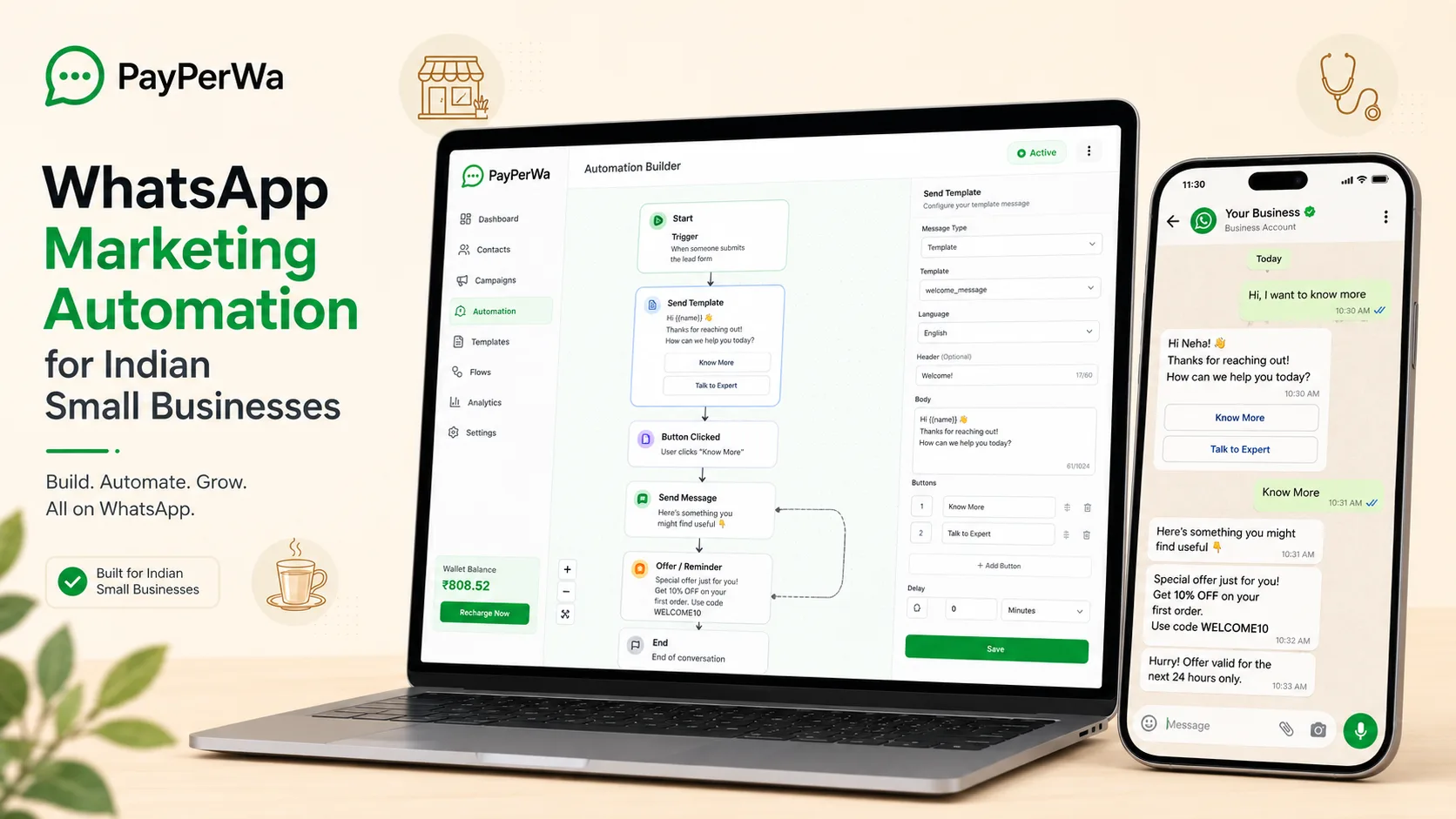 WhatsApp marketing automation dashboard showing automated welcome messages, drip sequences and abandoned cart reminders for an Indian business