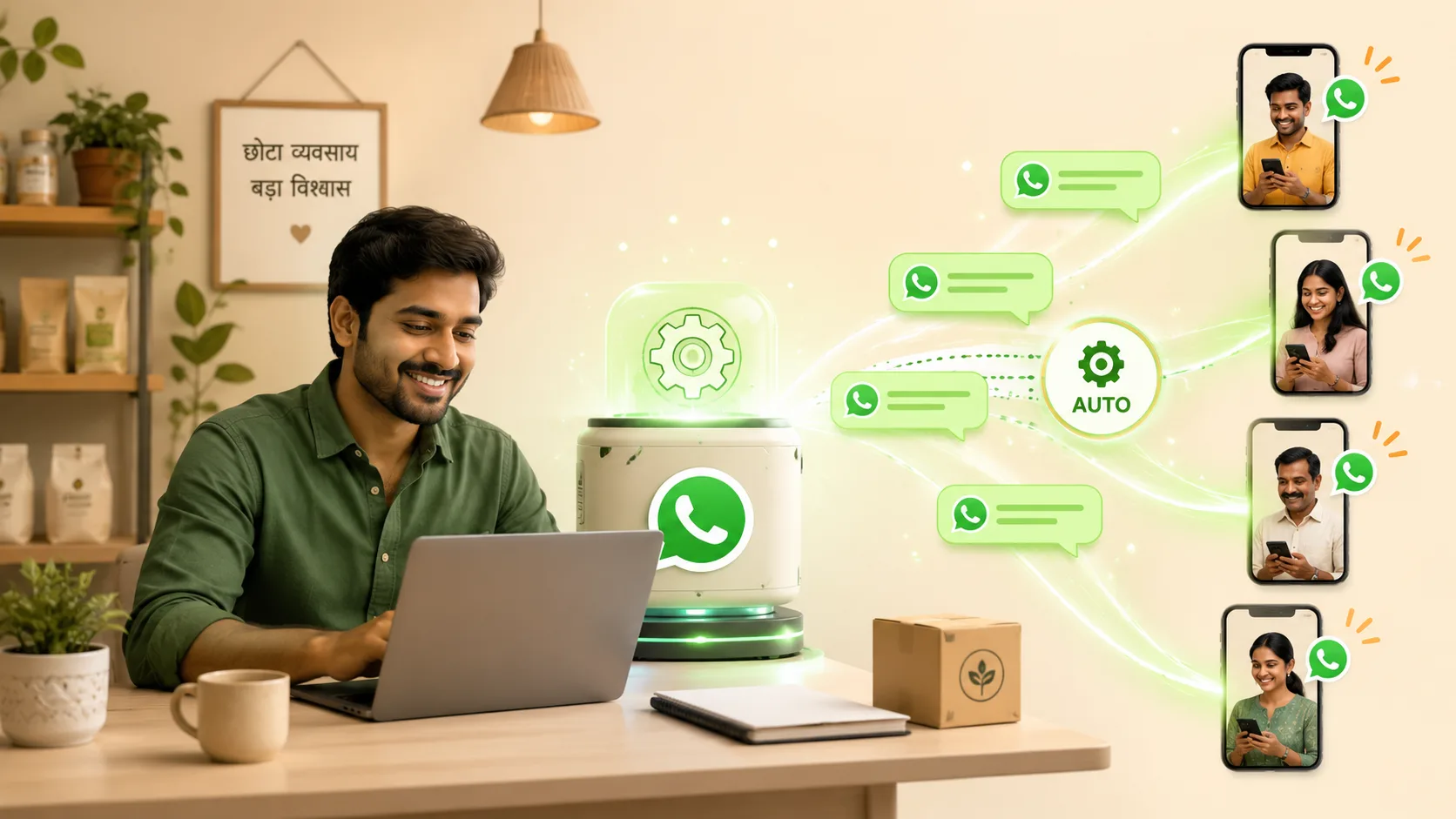 Indian small business owner watching automated WhatsApp messages send to customers while focusing on other work