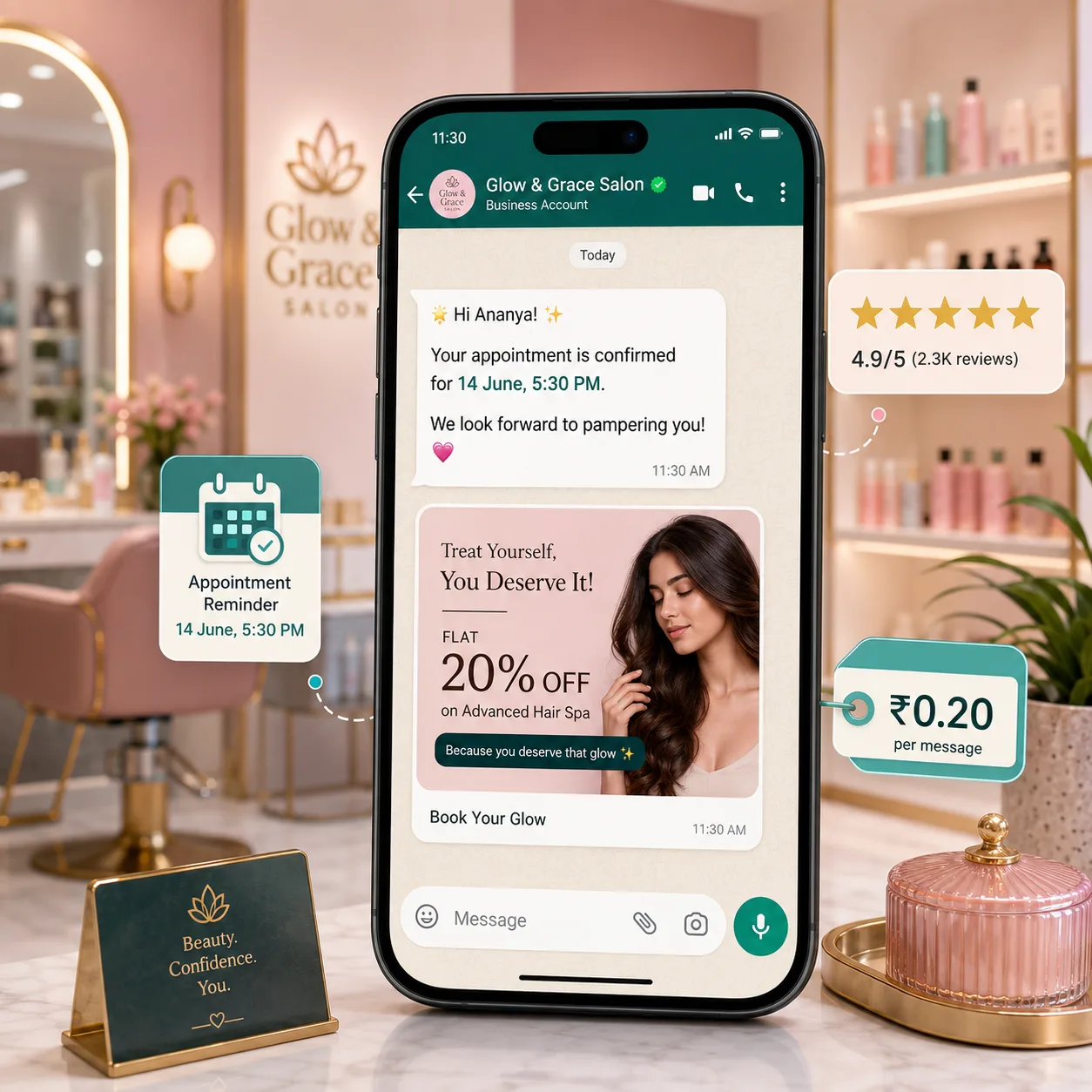 WhatsApp marketing for salons and spas in India showing appointment reminders and offers on a phone