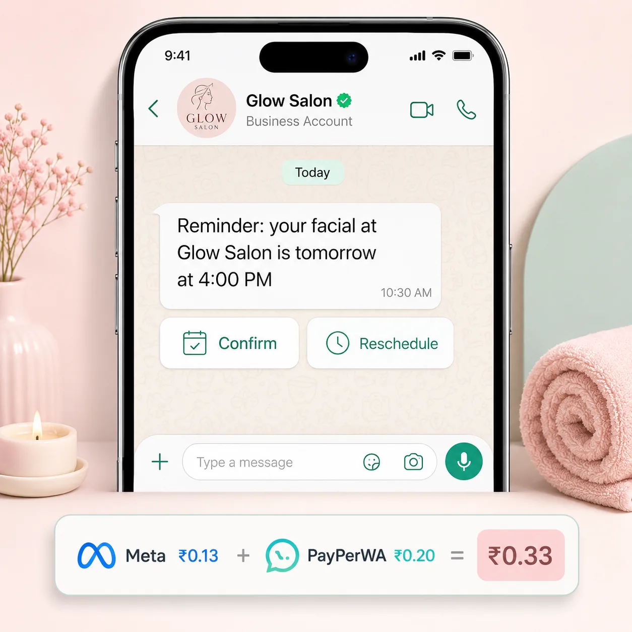 WhatsApp appointment reminder for a salon with confirm and reschedule buttons